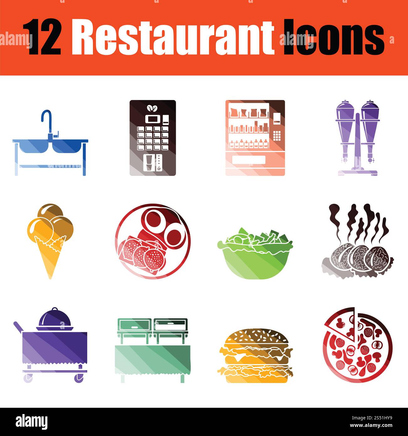 Jeu de restaurant d'icônes. Design couleur du dégradé. Vector illustration. Banque D'Images