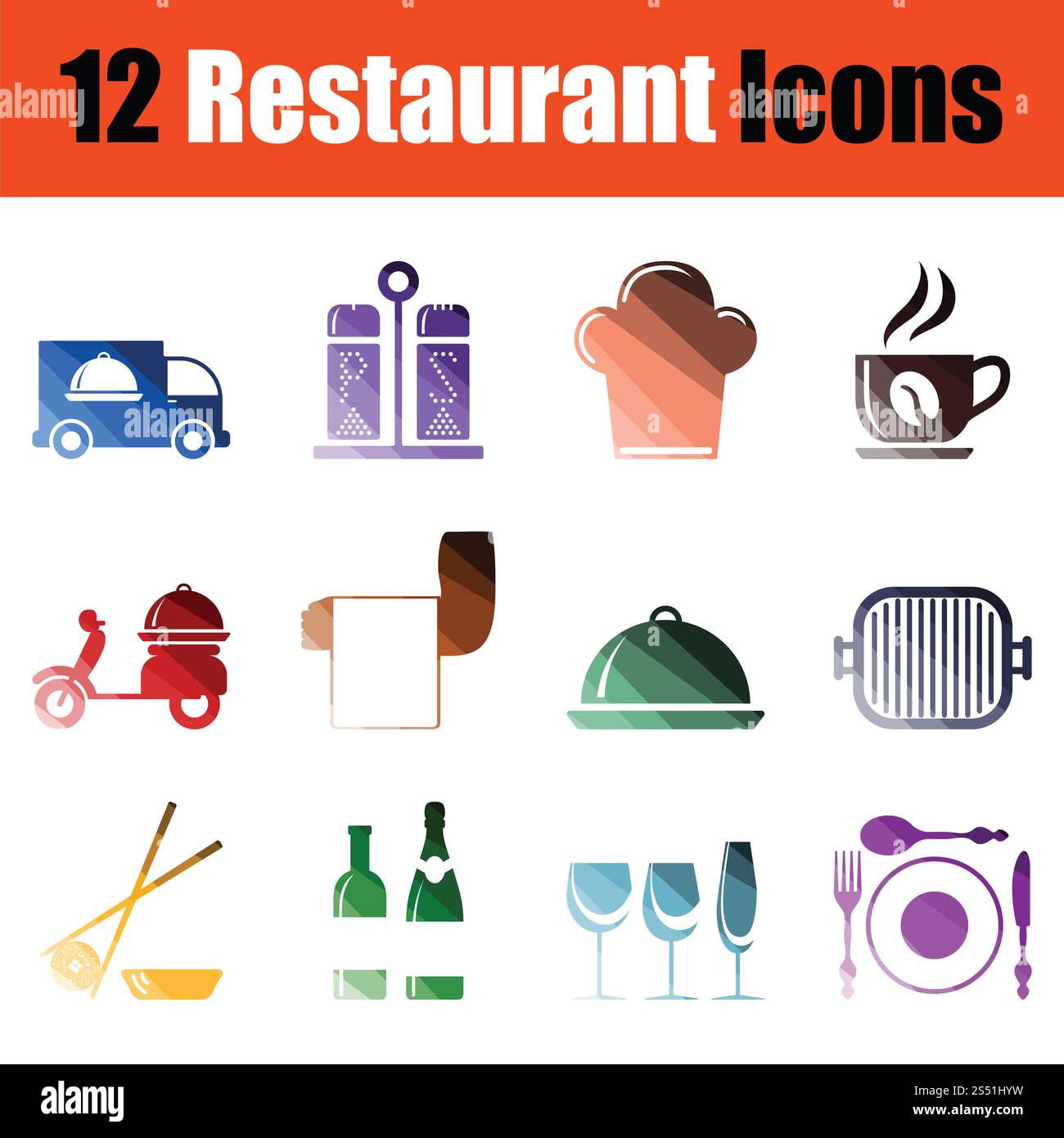 Jeu de restaurant d'icônes. Design couleur du dégradé. Vector illustration. Banque D'Images