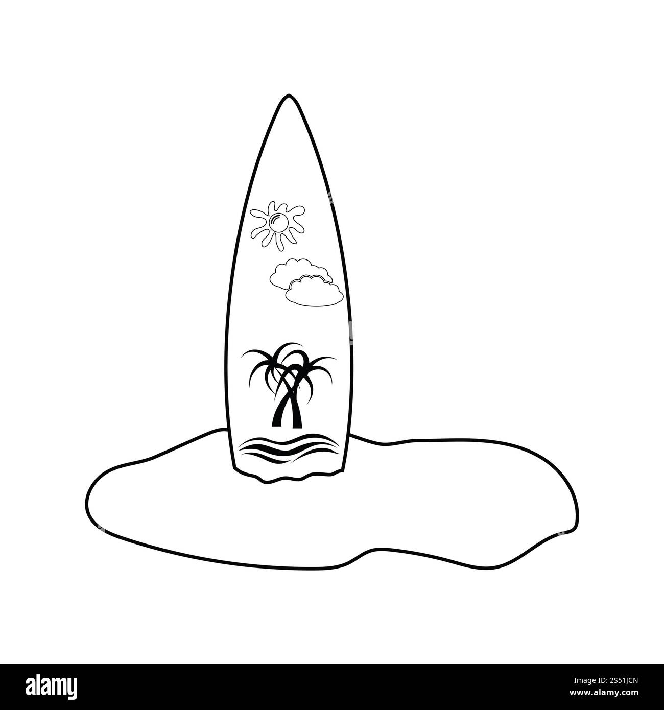 De l'icône coller surfboard en plage de sable fin. Fine ligne design. Vector illustration. Banque D'Images