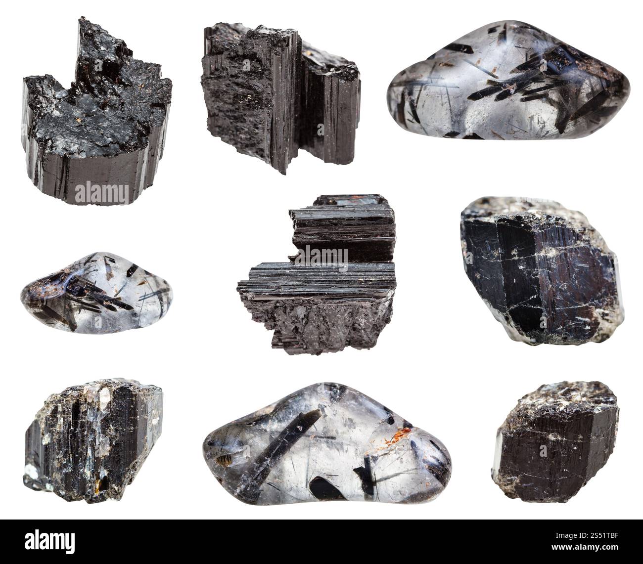 Collection de divers Tourmaline Noire (Schorl) pierres précieuses isolé sur fond blanc Banque D'Images