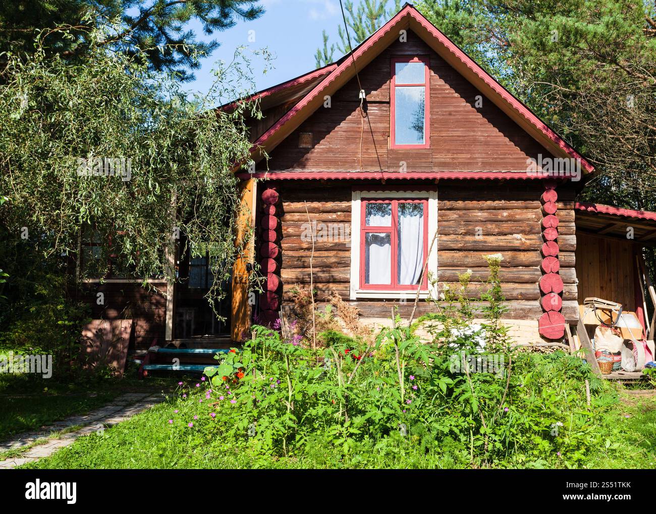 Vue de face de la maison rurale en rondins le jour ensoleillé d'été dans la région de Tver en Russie Banque D'Images