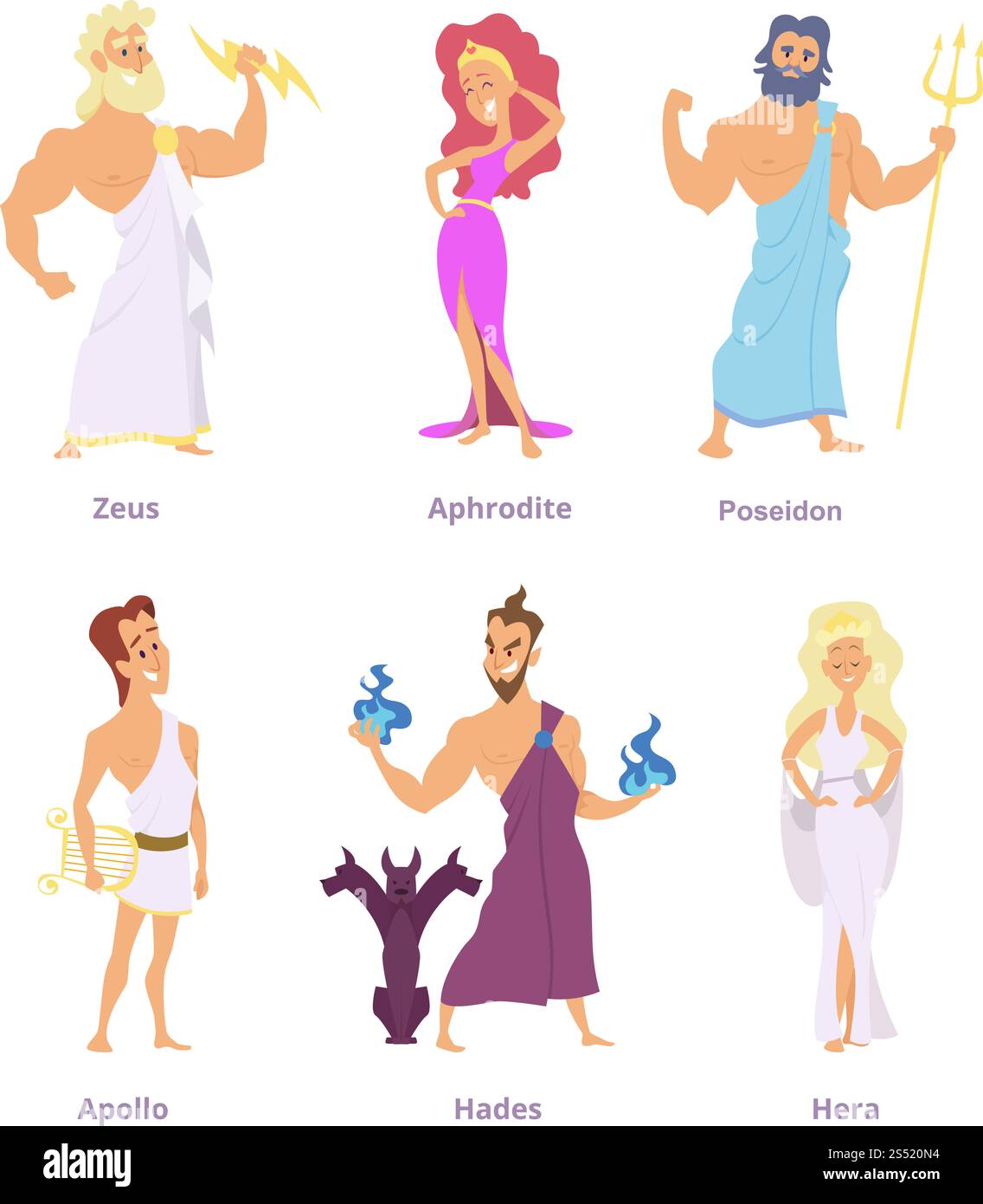 Mythologie grecque antique. Les dieux et les déesses de l'olympe. Dessins animés personnages drôles zeus et aphrodite, poséidon et apollon, hadès et héra. Illustration vectorielle. Mythologie grecque antique. Les dieux et les déesses de l'olympe. Personnages drôles de dessin animé Illustration de Vecteur