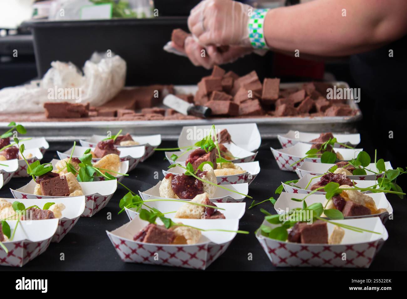 Chef préparant des plats gastronomiques avec de la viande et des verts frais pour la présentation Banque D'Images