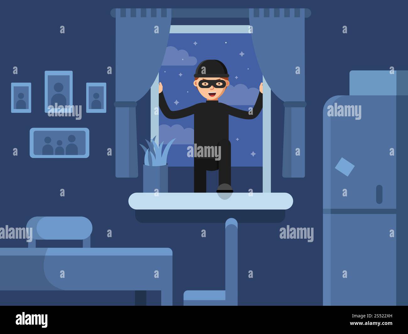 Le voleur s'est introduit par la fenêtre. Cambrioleur fenêtre cassée, voleur criminel dans le masque, illustration vectorielle. Le voleur s'est introduit par la fenêtre Illustration de Vecteur