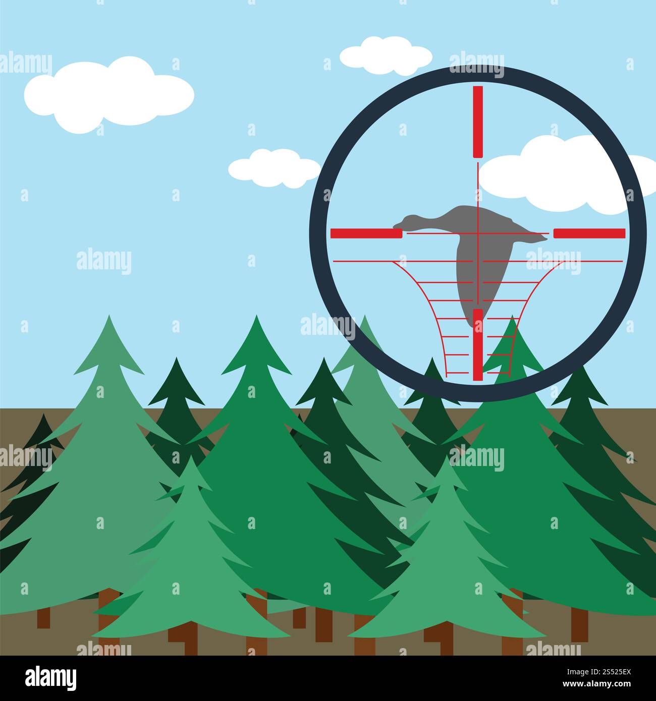 Modèle plat scène de chasse en forêt de sapins. Vector illustration. Banque D'Images