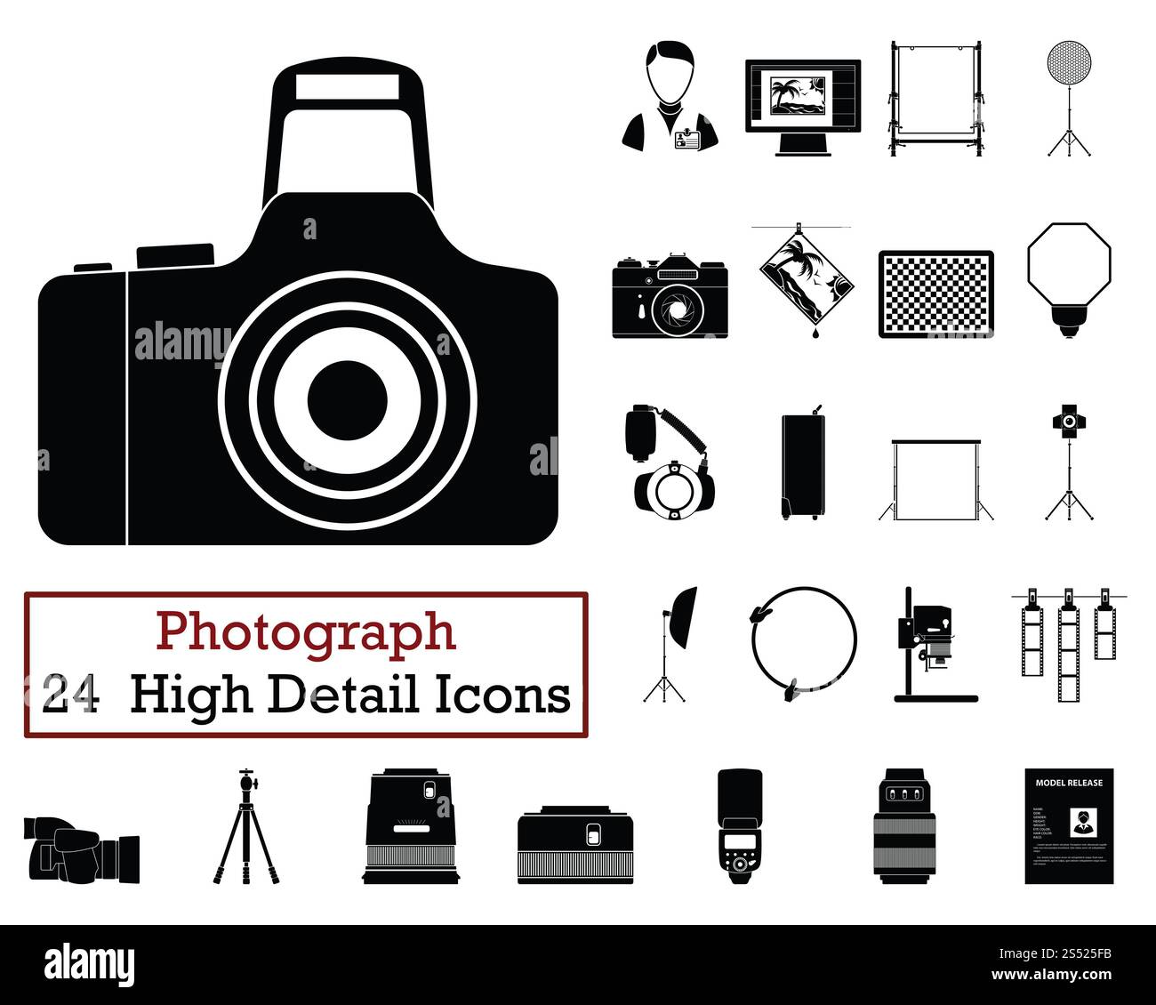 Jeu de 24 icônes de la photographie. Monochrome Couleur design. Vector illustration. Banque D'Images