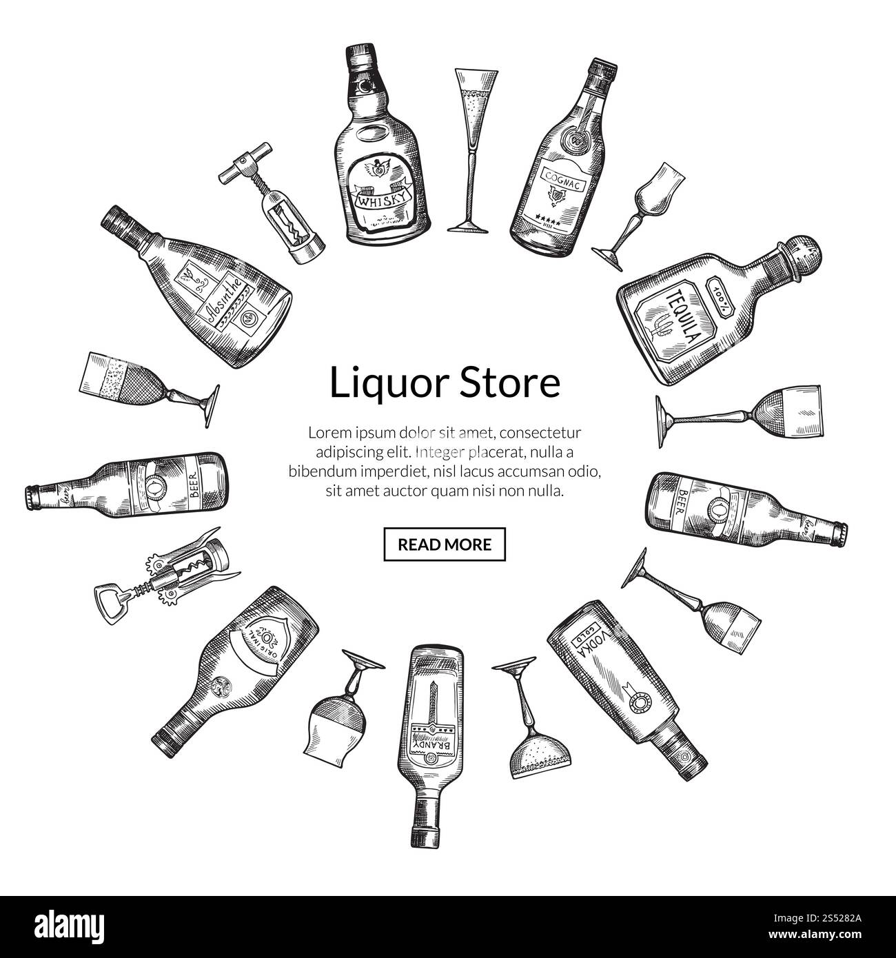 Vector dessiné à la main bouteilles et verres de boisson d'alcool en forme de cercle avec place pour le texte dans l'illustration ronde centrale. Vector dessiné à la main bouteilles et verres de boisson d'alcool i Illustration de Vecteur