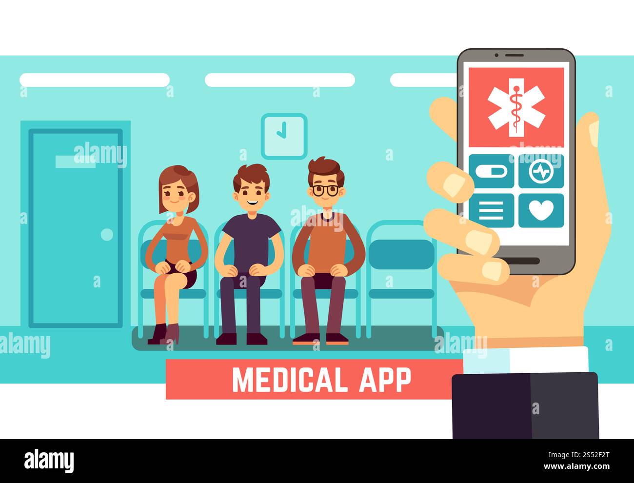 Application mobile pour téléphone médical. Concept de vecteur de soins de santé et d'hôpital avec les médecins et les patients. Santé web en ligne, hôpital en illustration téléphonique. Application mobile pour téléphone médical. Concept de vecteur de soins de santé et d'hôpital avec les médecins et les patients Illustration de Vecteur