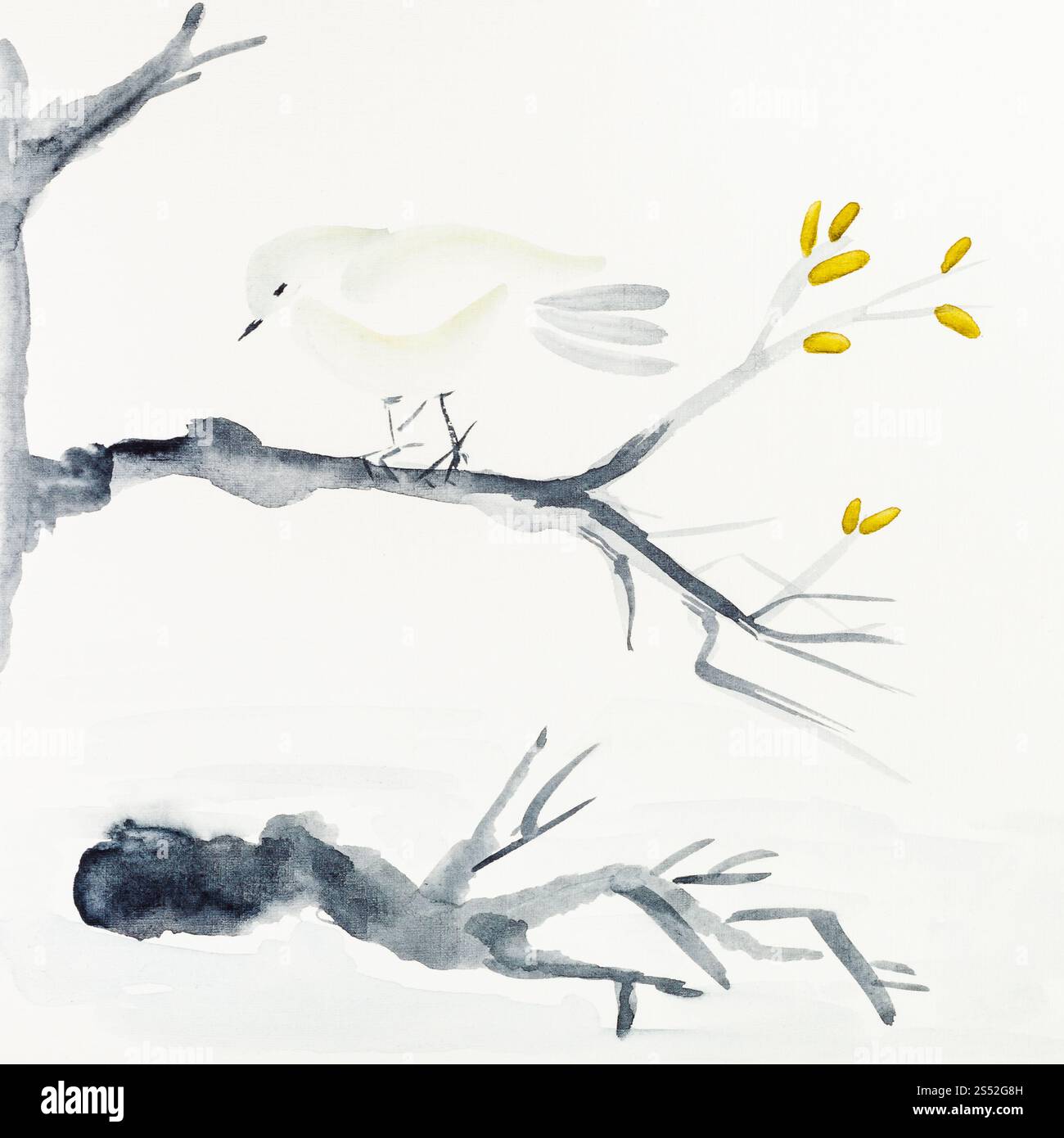 Peinture à la main de style sumi-e sur papier crème - oiseau sur branche d'arbre dessiné par aquarelles noir et jaune Banque D'Images