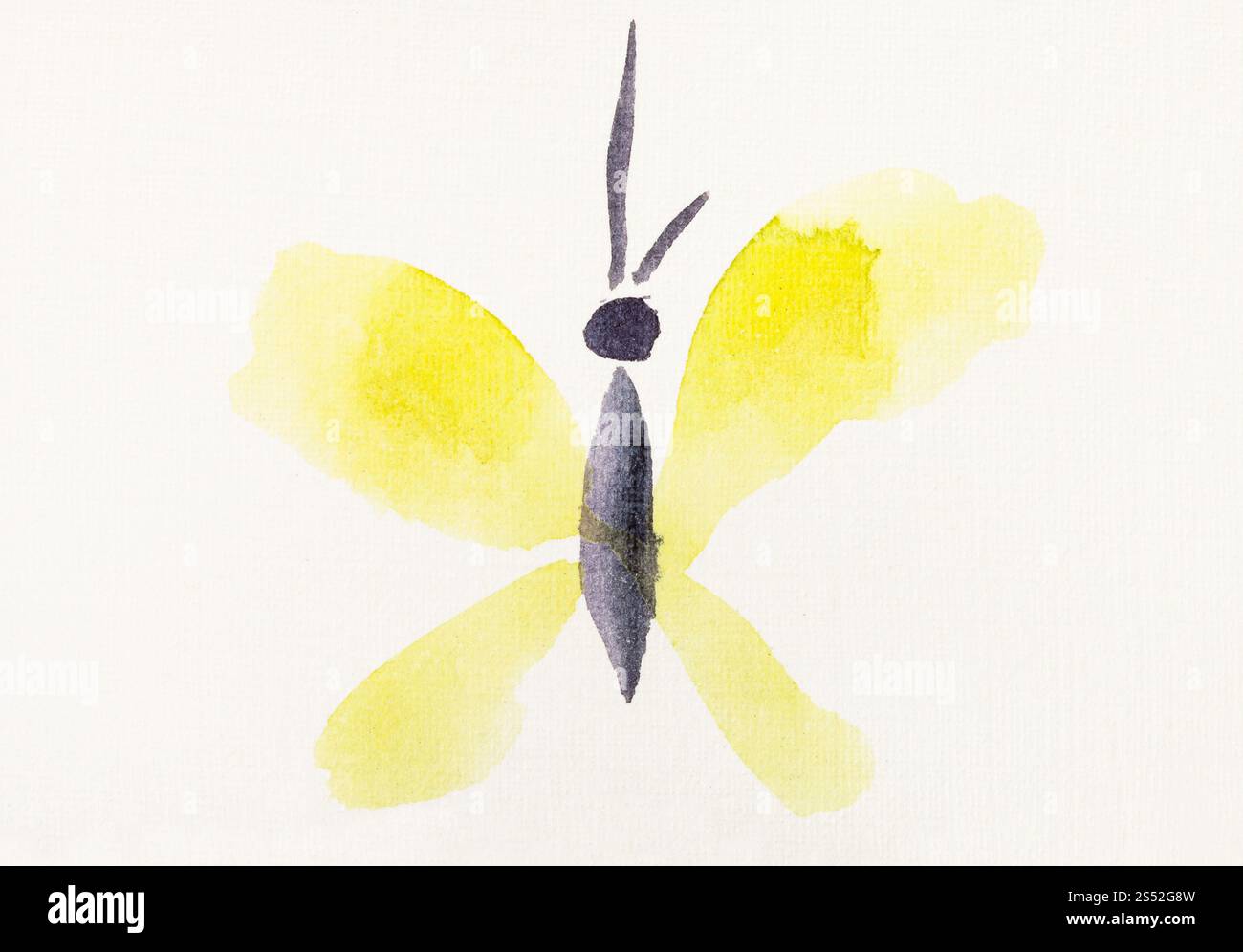Peinture à la main de style sumi-e sur papier crème - papillon volant avec des ailes jaunes dessiné par black aquarelles Banque D'Images