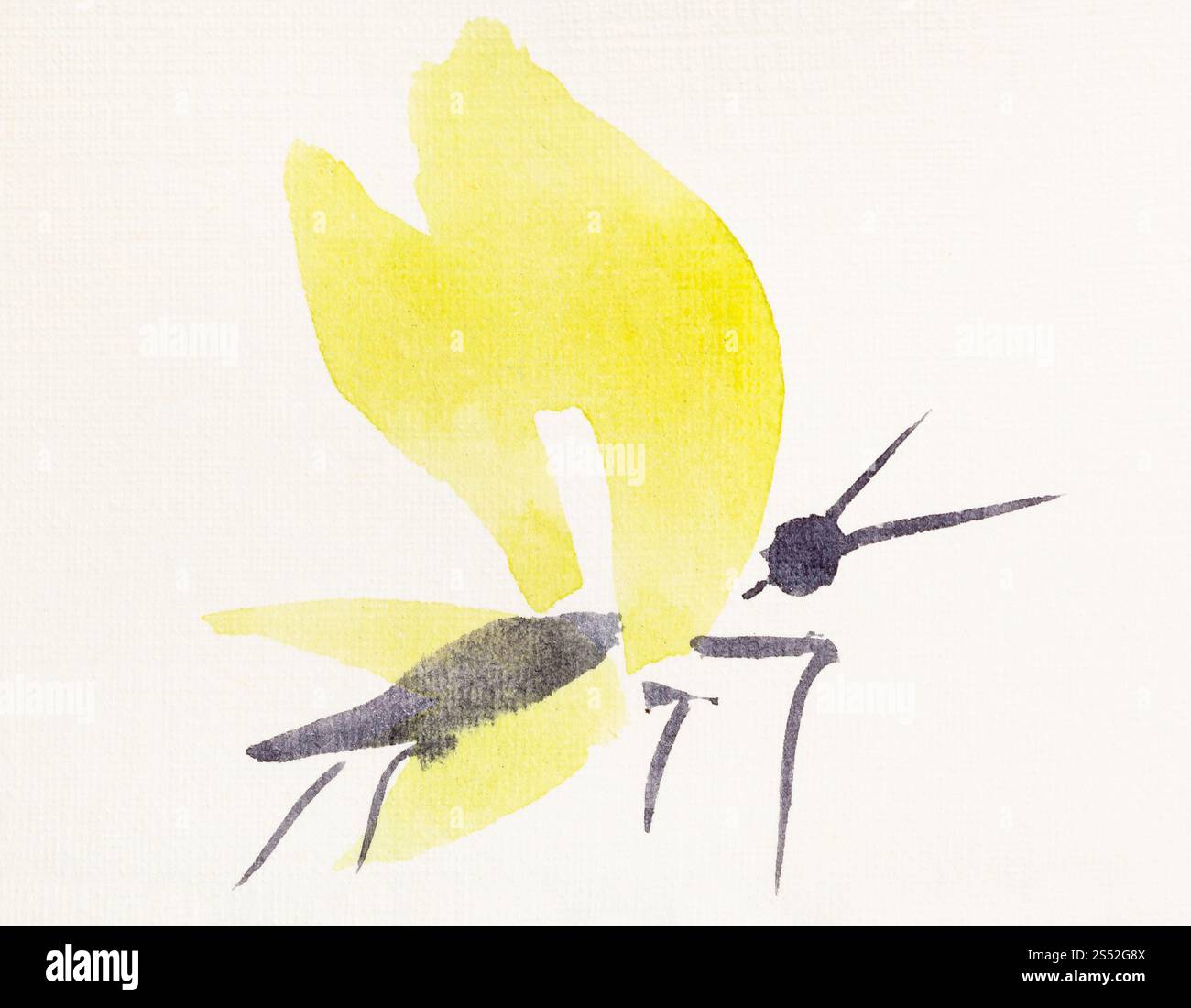 Peinture à la main de style sumi-e sur papier crème - papillon aux ailes jaunes dessiné par black aquarelles Banque D'Images