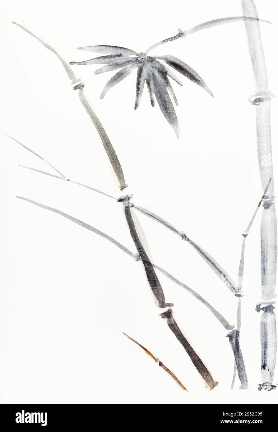 Peinture à la main de style sumi-e sur papier crème - dessiné par Bush en bambou noir et marron aquarelles Banque D'Images