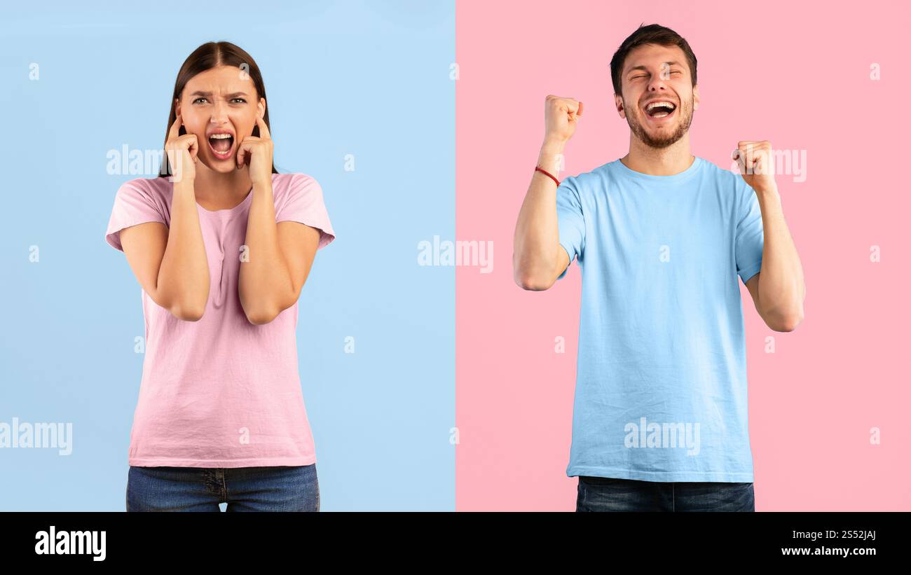 Homme criant avec des poings relevés, femme couvrant les oreilles Banque D'Images
