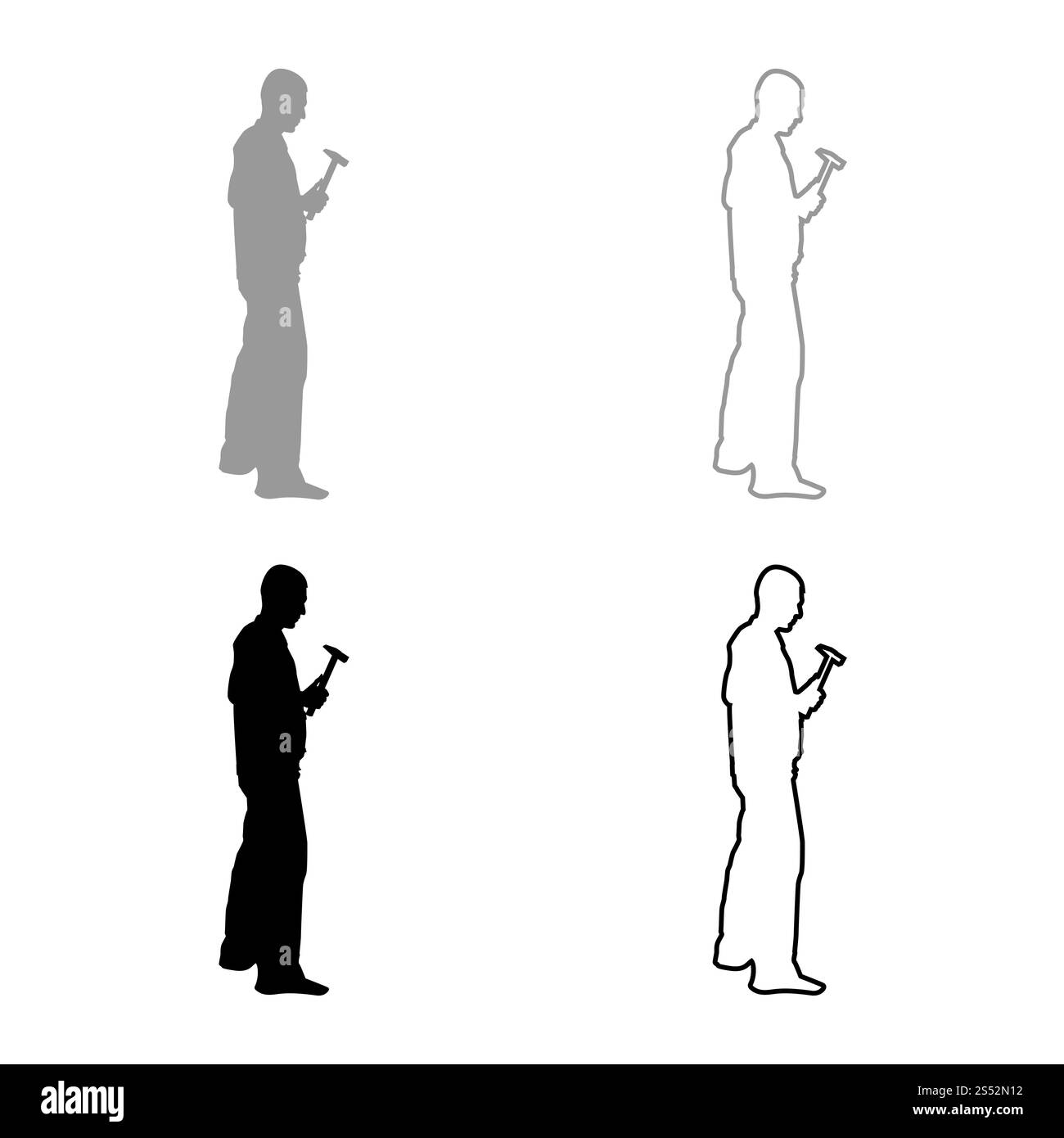 L'homme maître réparateur dans des combinaisons avec l'outil dans ses mains hammer icon set couleur gris noir contour d'illustration vectorielle simple image style plat Banque D'Images