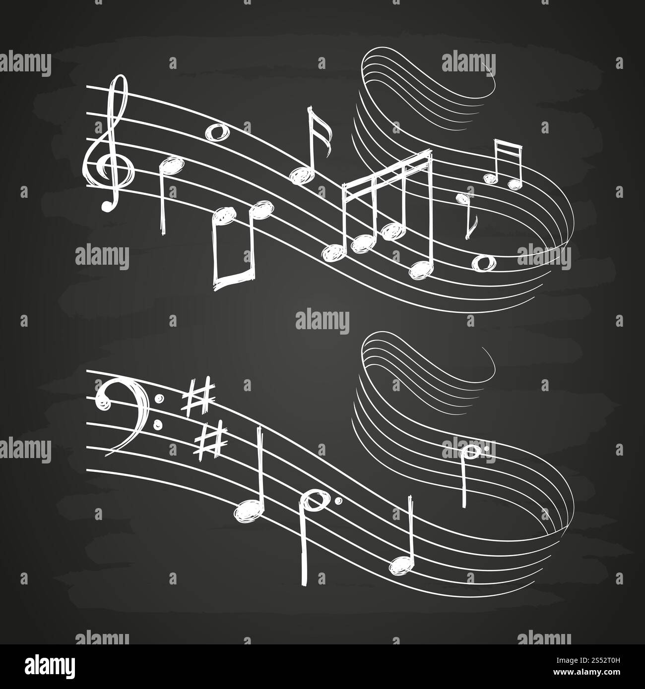 Craie esquisse de l'onde sonore musicale avec des notes de musique sur tableau noir isolé. Illustration vectorielle. Craie esquisse de la vague sonore musicale avec des notes de musique sur le tableau noir Illustration de Vecteur