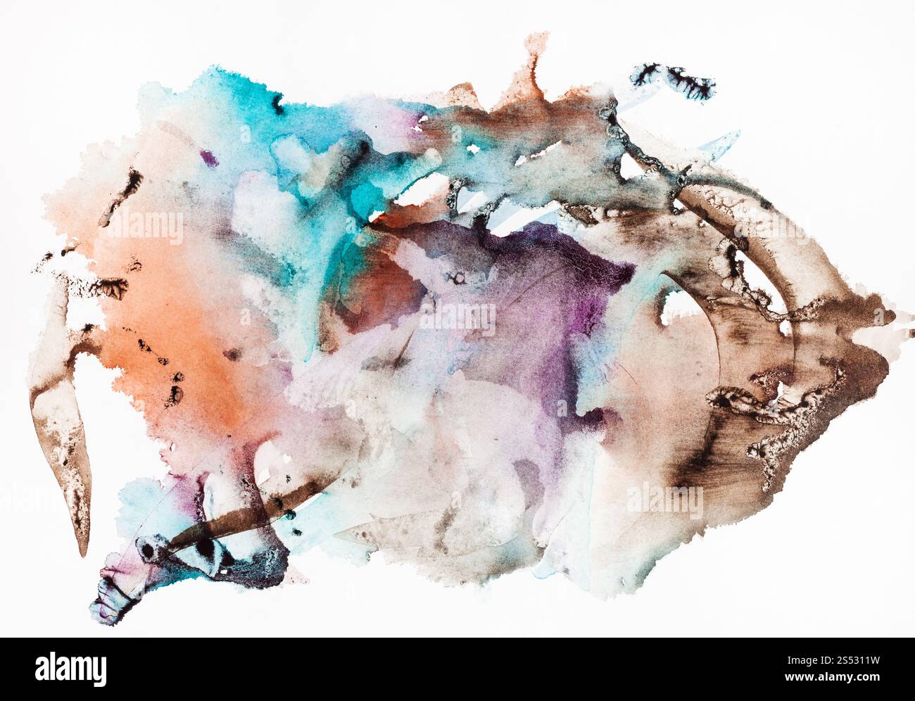 Résumé d'un côté de feuille de papier peint à la main tiré dans l'Aquarelle technique monotype Banque D'Images