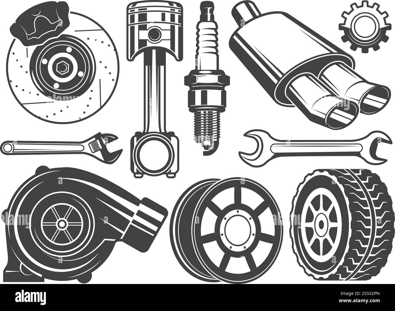 Images monochromes du moteur, cylindre de turbocompresseur et autres outils automobiles. Moteur d'automobile, pièces de machine. Illustration vectorielle. Images monochromes du moteur, cylindre de turbocompresseur et autres outils automobiles Illustration de Vecteur