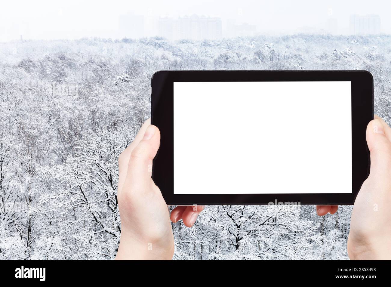 Concept de voyage - photographies touristiques de vue aérienne du parc de la ville enneigée en hiver dans la ville de Moscou sur smartphone avec écran de découpe vide avec Banque D'Images
