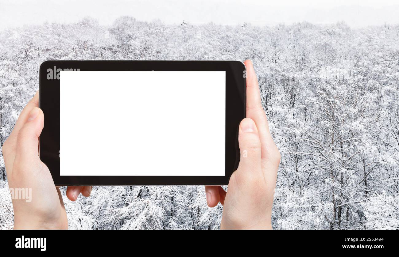 Concept de voyage - photographies touristiques de vue panoramique des arbres couverts de neige dans le parc de la ville en hiver dans la ville de Moscou sur smartphone avec découpe vide Banque D'Images