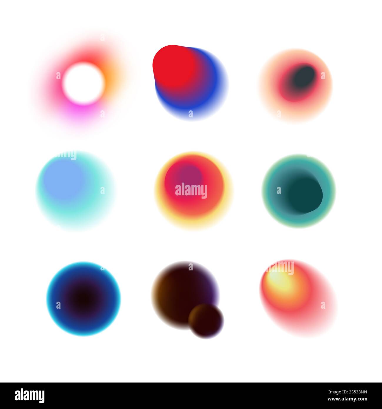 Cercles colorés vibrants avec collection vectorielle de gradients rayonnants flous. Couleur vibrant spectre lumineux, dégradé illustration colorée. Dynamique Banque D'Images