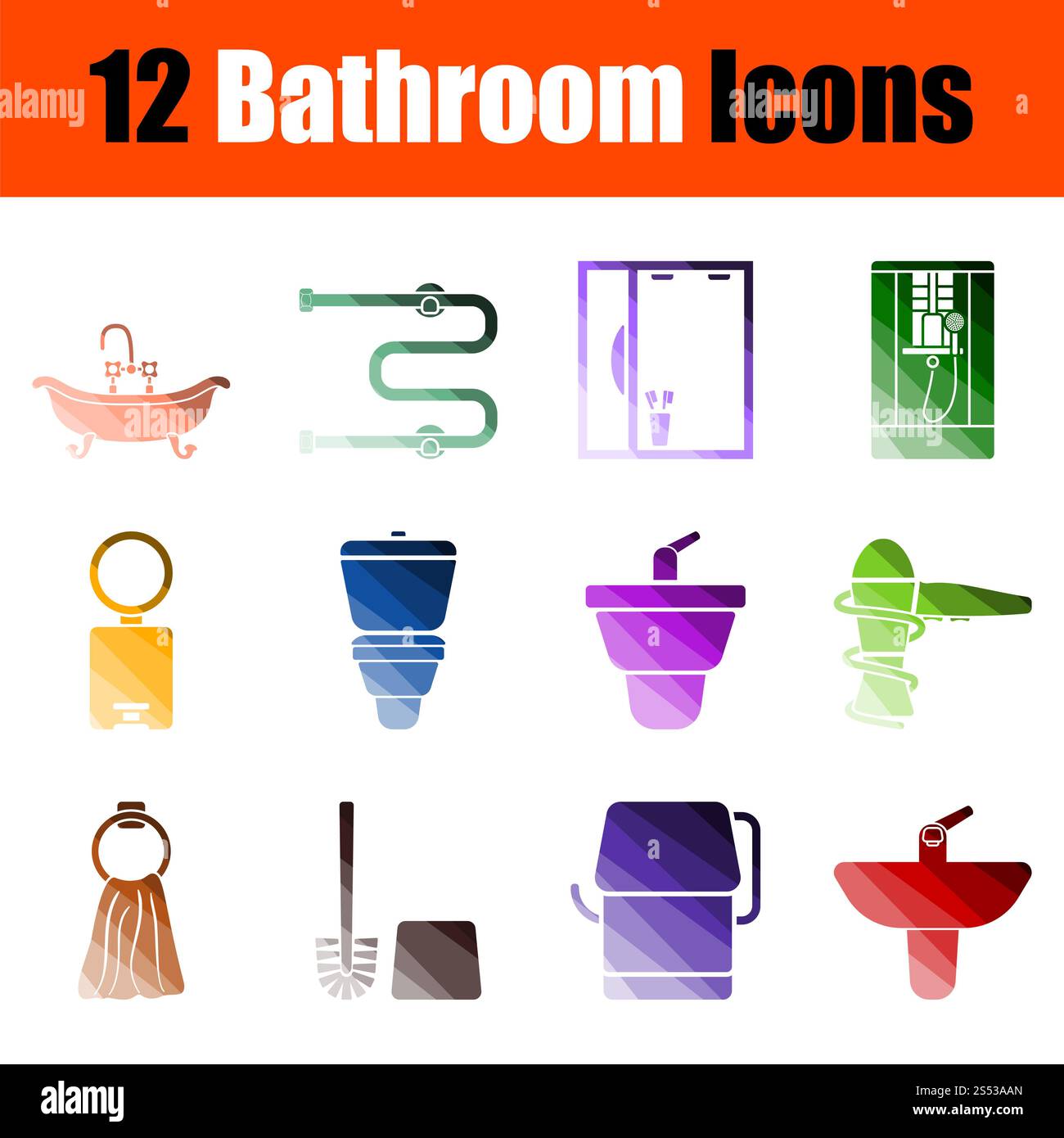 Salle de bains Icon Set. La conception de l'échelle de couleur à plat. Vector Illustration. Banque D'Images