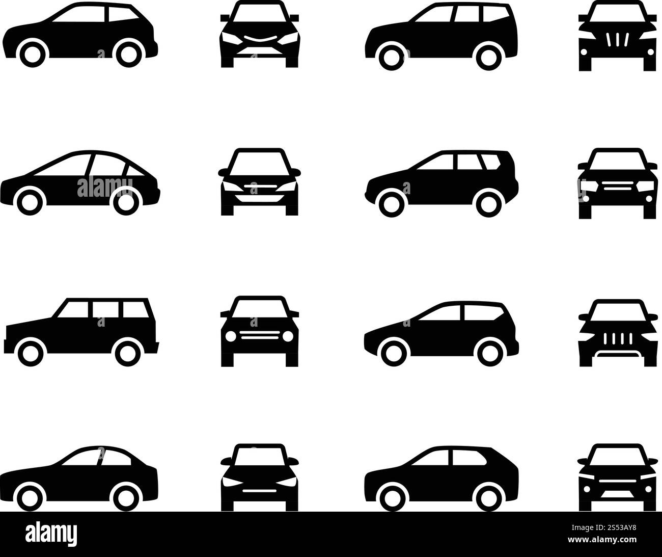 Panneaux de vue avant et latérale des voitures. Icônes vectorielles de silhouette noire de véhicule isolées sur fond blanc. Véhicule automobile pour le transport, illustration automobile de transport. Panneaux de vue avant et latérale des voitures. Icônes vectorielles de silhouette noire de véhicule isolées sur fond blanc Illustration de Vecteur