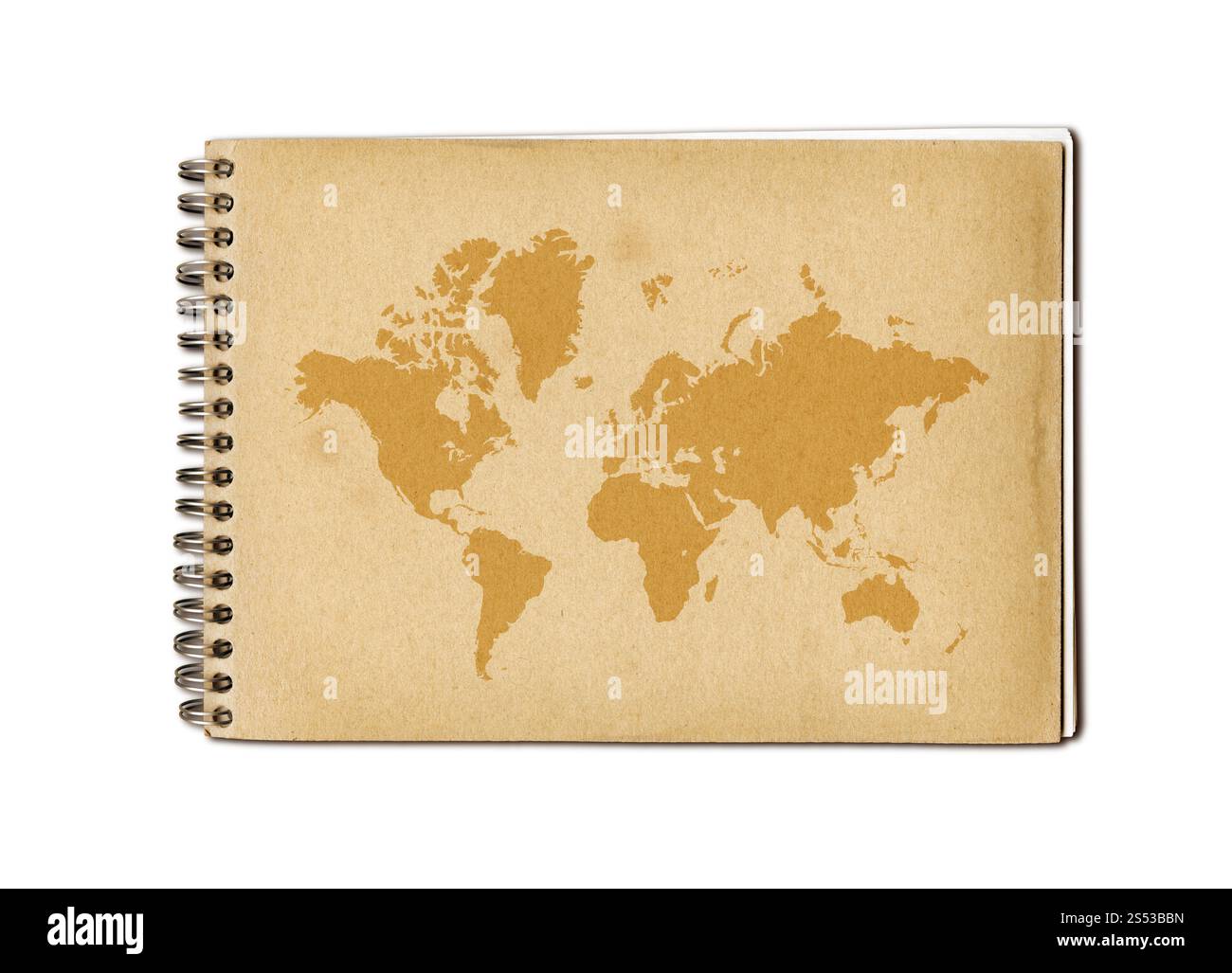 Carte du monde vintage imprimée sur une vieille couverture de carnet. Carte du monde vintage sur un vieux carnet Banque D'Images