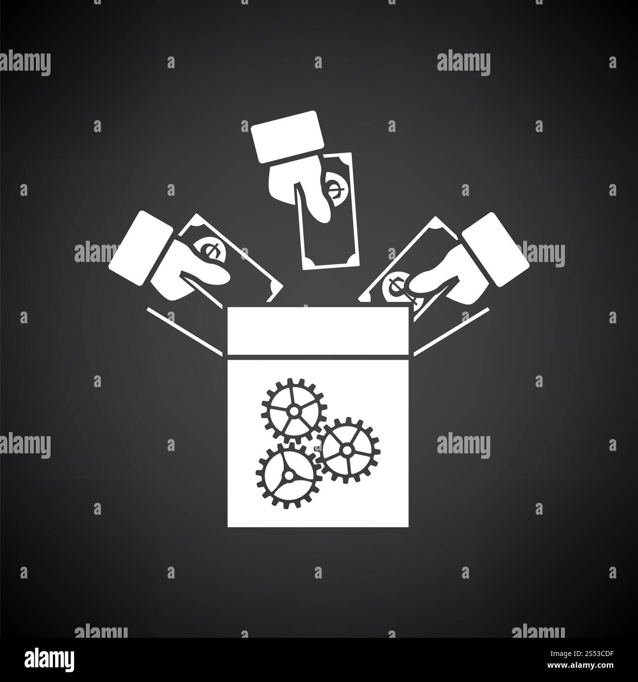 L'icône de Crowdfunding. Blanc sur fond noir. Vector Illustration. Banque D'Images