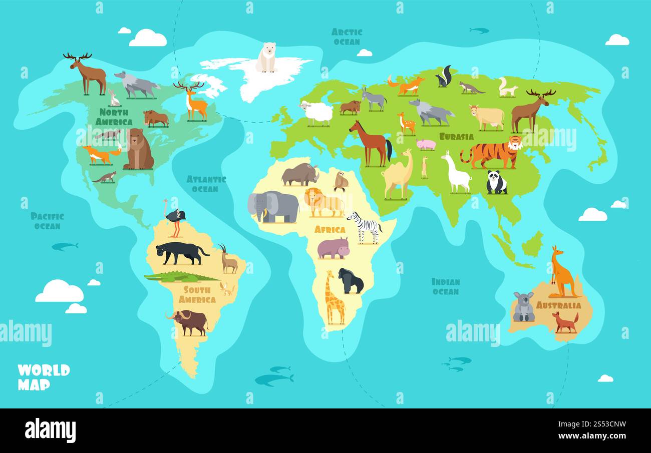 Carte du monde de dessins animés avec des animaux, des océans et des continents. Géographie drôle pour l'illustration vectorielle de l'éducation des enfants. Planète, afrique et asie, amérique et australie. Carte du monde de dessins animés avec des animaux, des océans et des continents. Géographie drôle pour l'illustration vectorielle de l'éducation des enfants Illustration de Vecteur