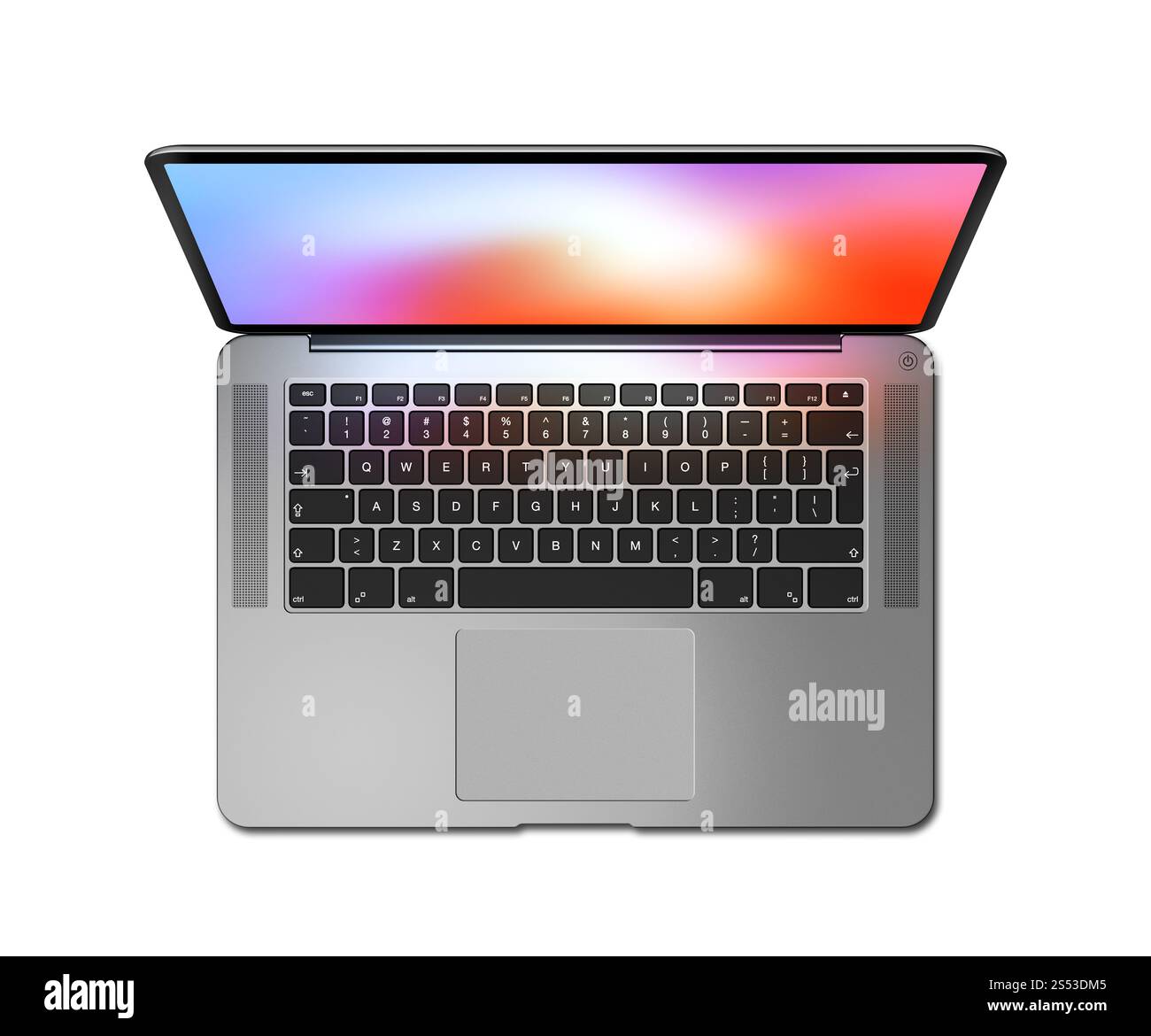 Vue de dessus d'ordinateur portable ouvert avec écran coloré, isolé sur blanc. Argent foncé. Illustration de rendu 3D. Vue supérieure ouverte de l'ordinateur portable avec écran coloré, Banque D'Images