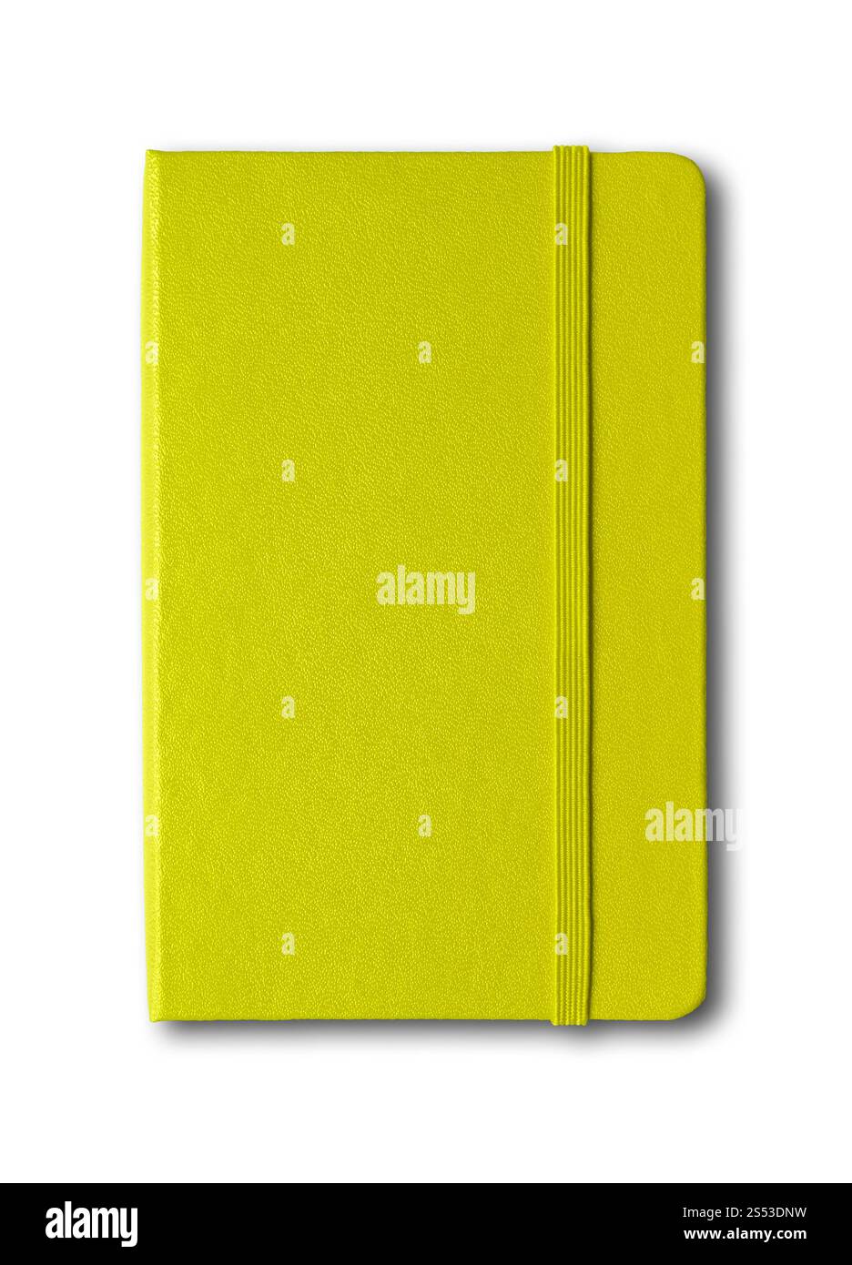 Maquette de carnet fermé vert citron isolée sur blanc. Carnet fermé vert citron isolé sur blanc Banque D'Images