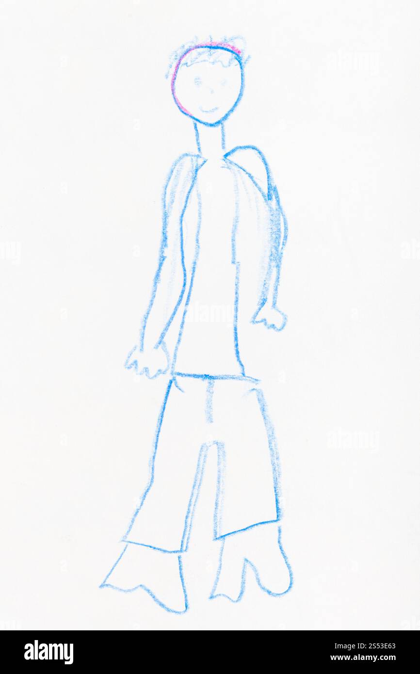 Garçon naïf de croquis à la main par crayon bleu sur papier blanc Banque D'Images