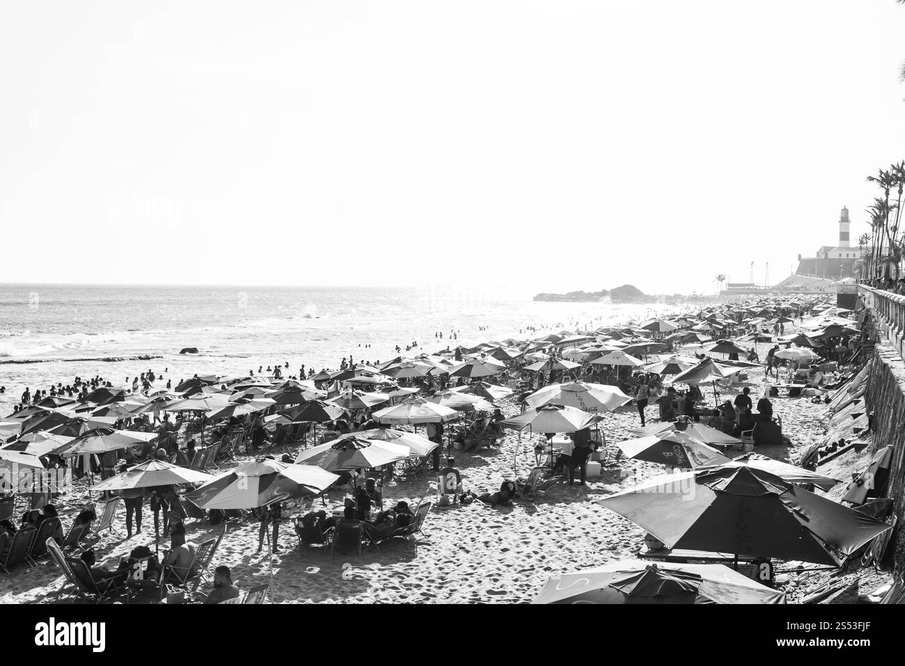 Salvador, Bahia, Brésil - 05 janvier 2025 : des foules de gens sont vus sur la plage de Farol da Barra s'amuser et se baigner dans la mer. Salvador, Bahia. Banque D'Images
