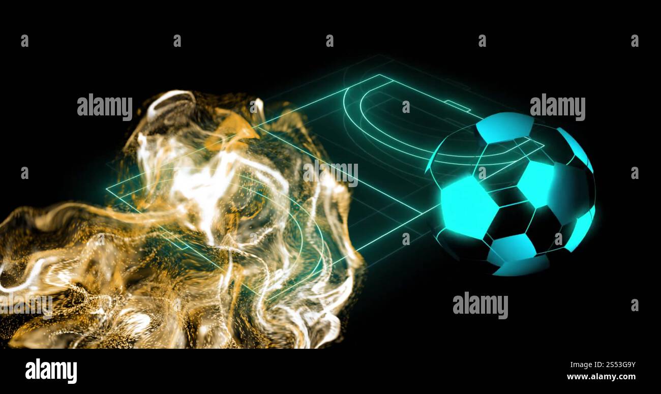Image du réseau de particules orange et du football sur un terrain de handball néon bleu sur fond noir Banque D'Images