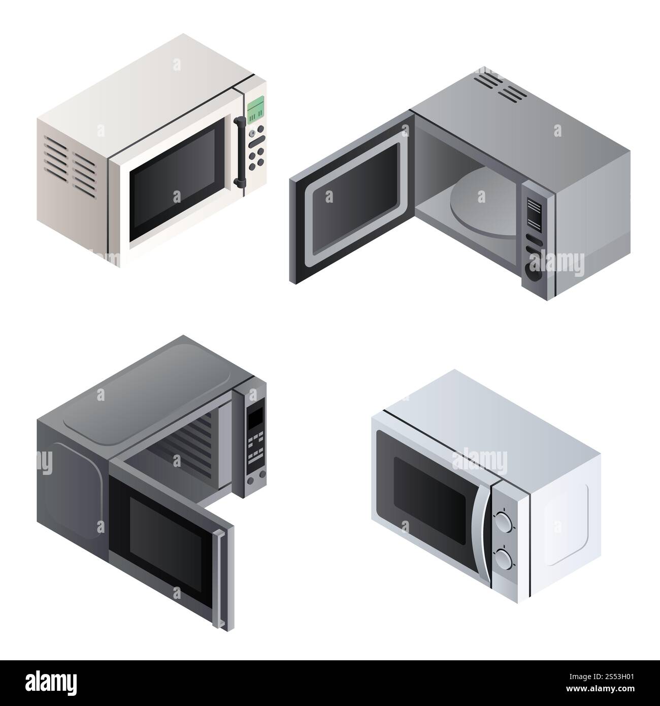 Icônes de micro-ondes réglées. Ensemble isométrique d'icônes vectorielles de micro-ondes pour la conception Web isolé sur fond blanc. Icônes micro-ondes définies, style isométrique Banque D'Images
