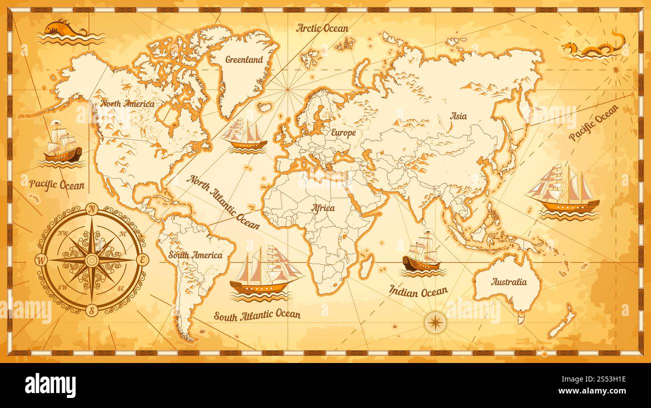 Carte du monde vintage à l'ancienne en sépia avec une grande rose de vent dans le coin, de vieux navires d'expédition, des monstres marins et des noms de terres continentales et d'océans dans Banque D'Images