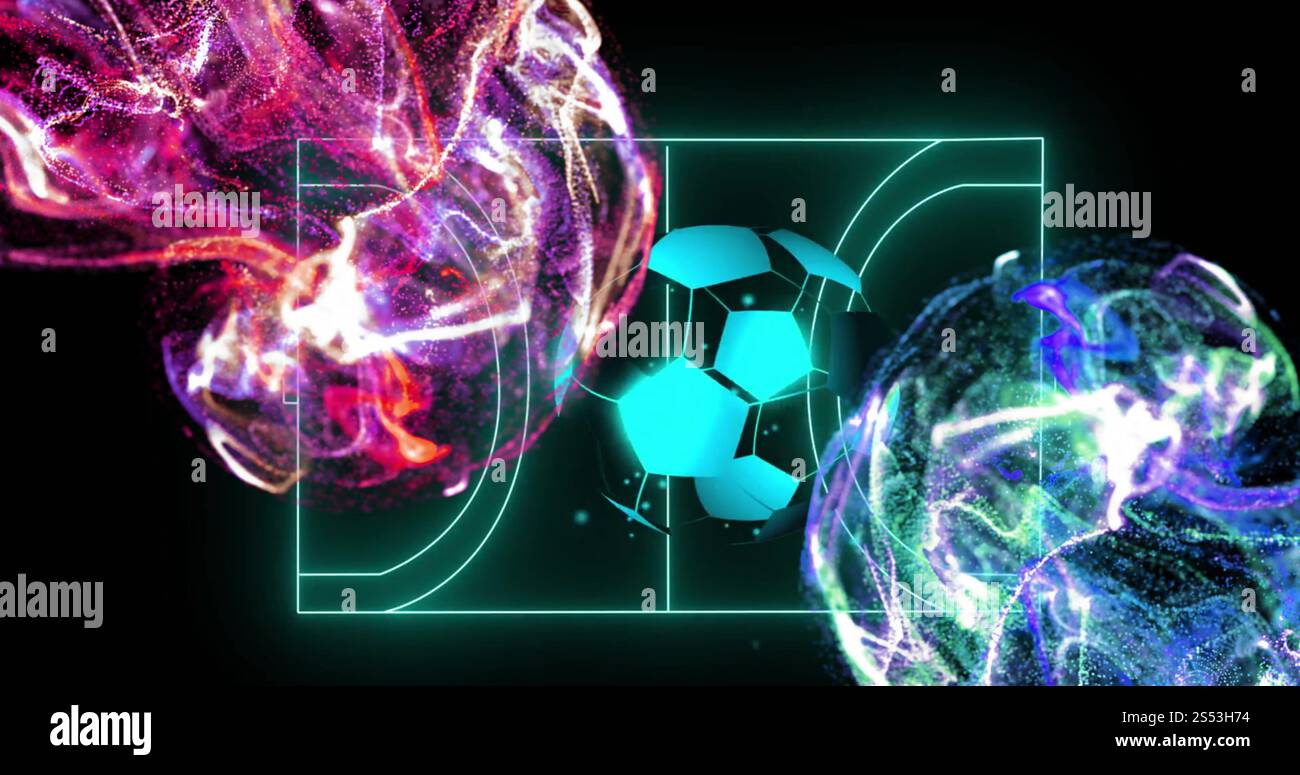 Image de réseaux de particules jaunes et bleues et balle sur un terrain de handball néon bleu Banque D'Images