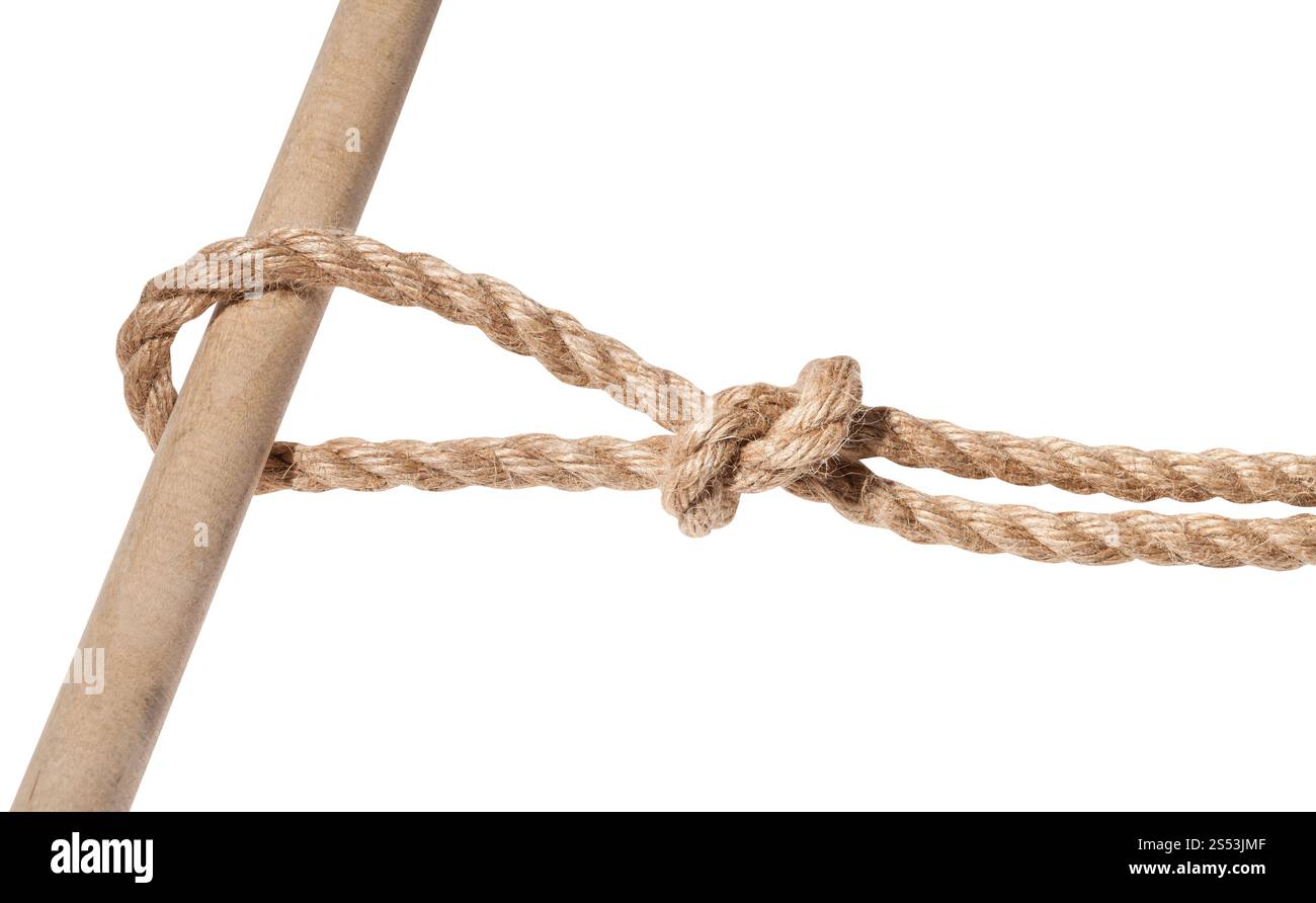 L'exécution de nœud sur la corde de jute épaisse isolé sur fond blanc Banque D'Images