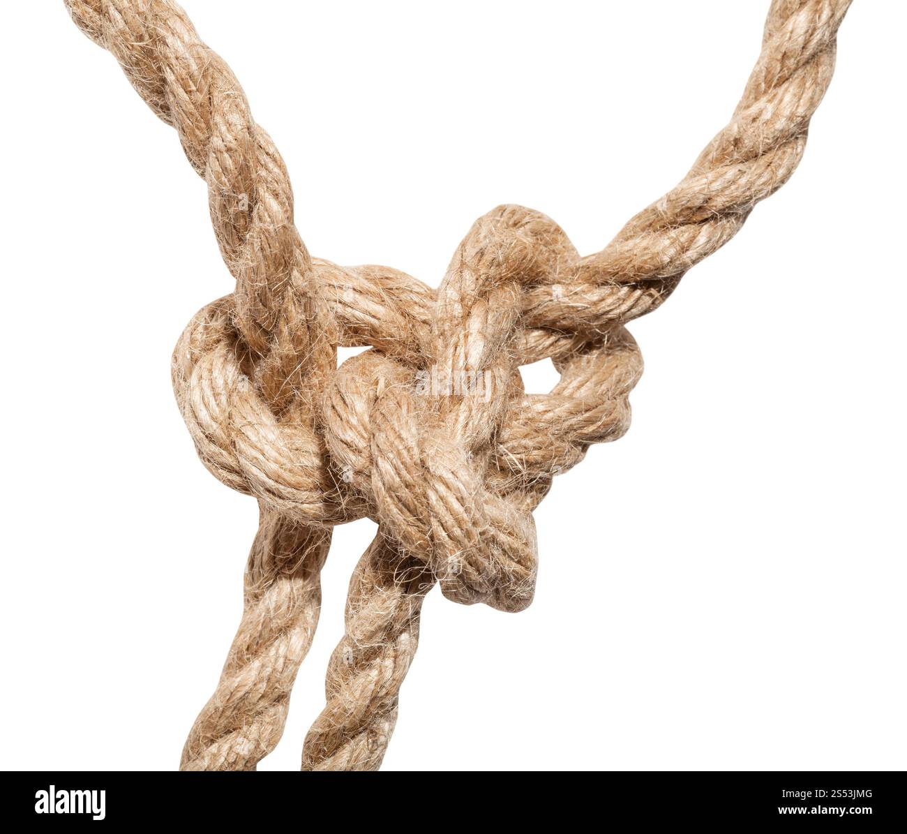 L'exécution de nœud close up sur corde de jute épaisse isolé sur fond blanc Banque D'Images
