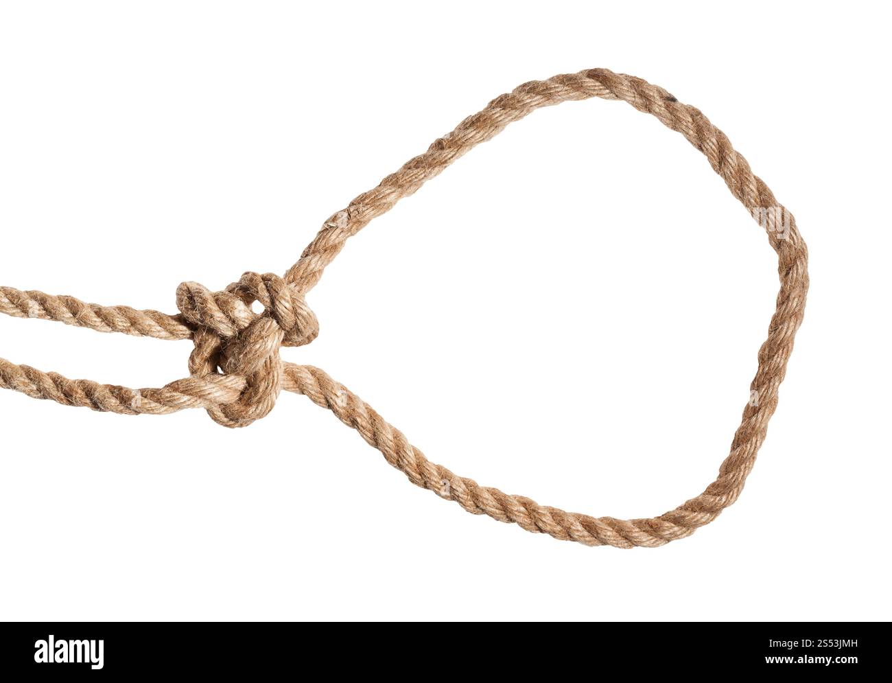 Un autre côté de l'exécution de nœud noué sur corde de jute épaisse isolé sur fond blanc Banque D'Images