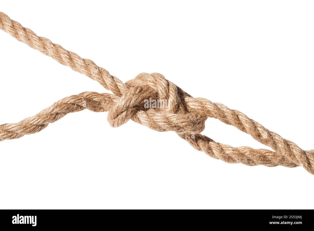 Nœud de glissé figure-huit noose close up sur corde de jute épaisse isolé sur fond blanc Banque D'Images