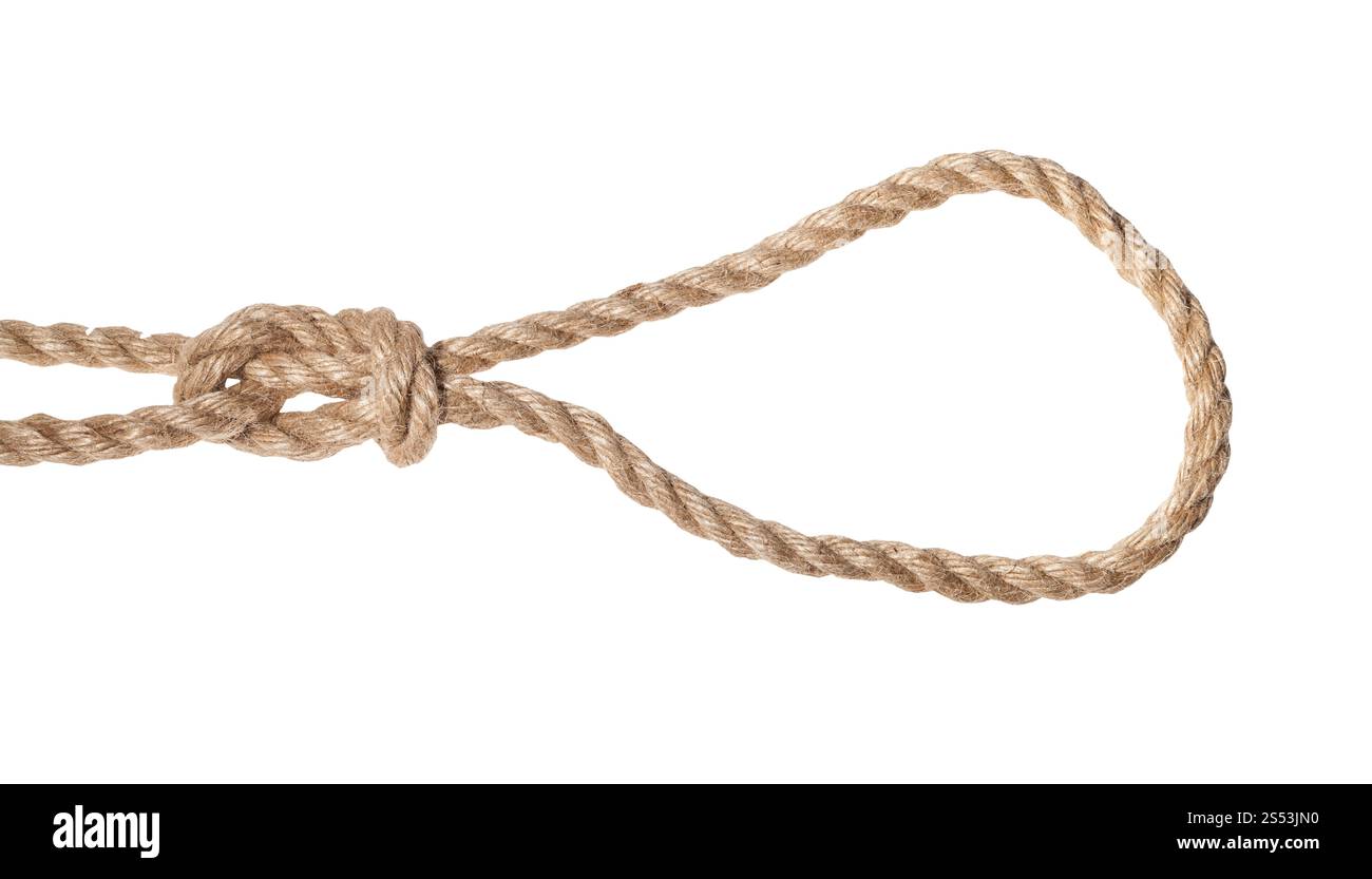 Glissé figure en huit nœud nœud sur la corde de jute épaisse isolé sur fond blanc Banque D'Images