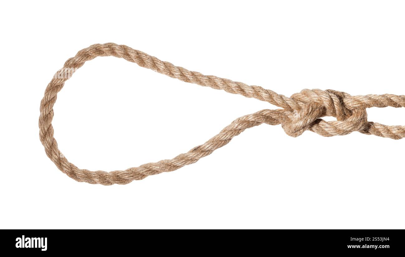 Glissé figure en huit noeud boucle nouée de l'épaisseur de la corde de jute isolé sur fond blanc Banque D'Images