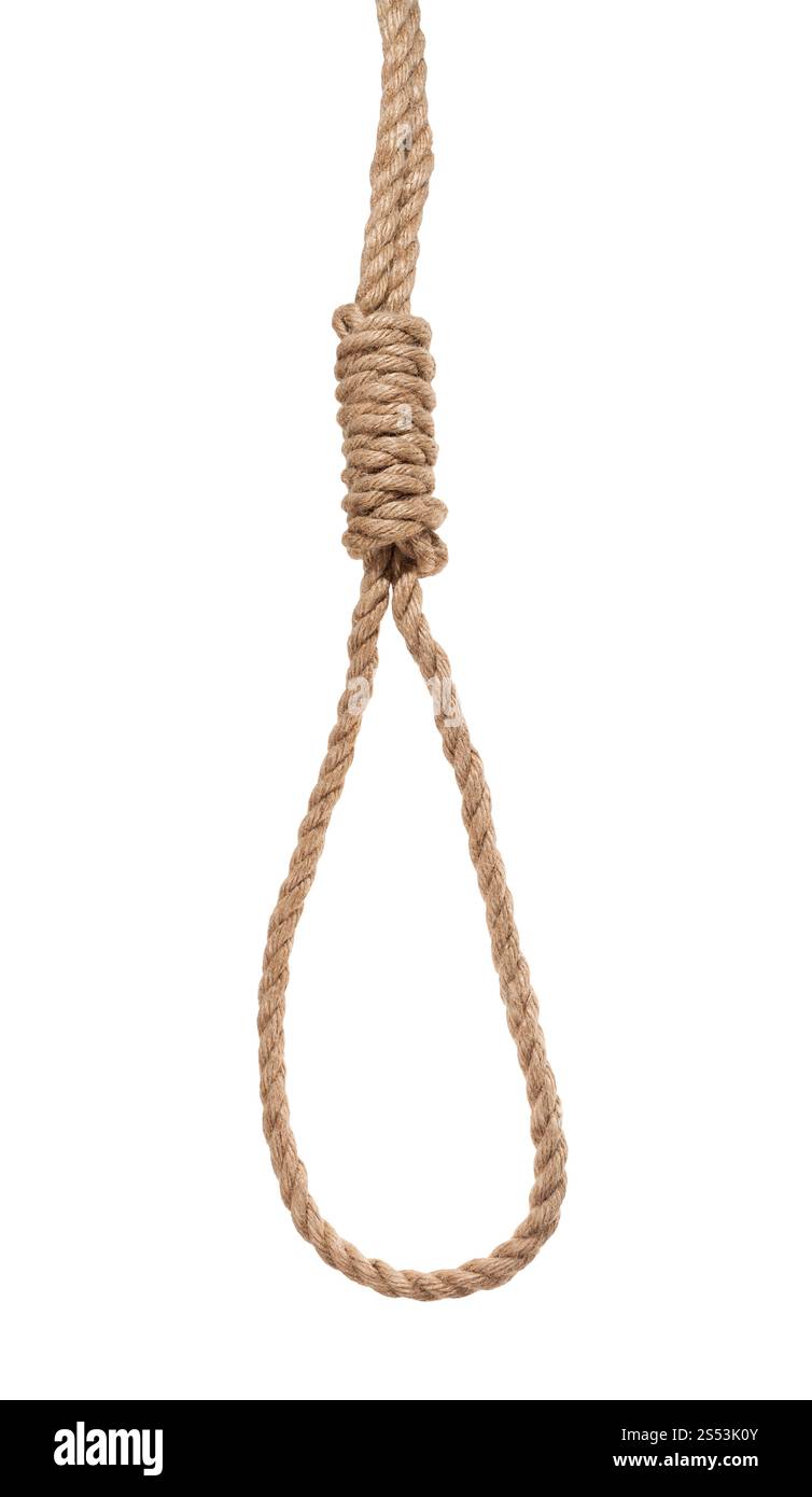 hangmans nœud de corde de jute épaisse isolé sur ba blanc Banque D'Images