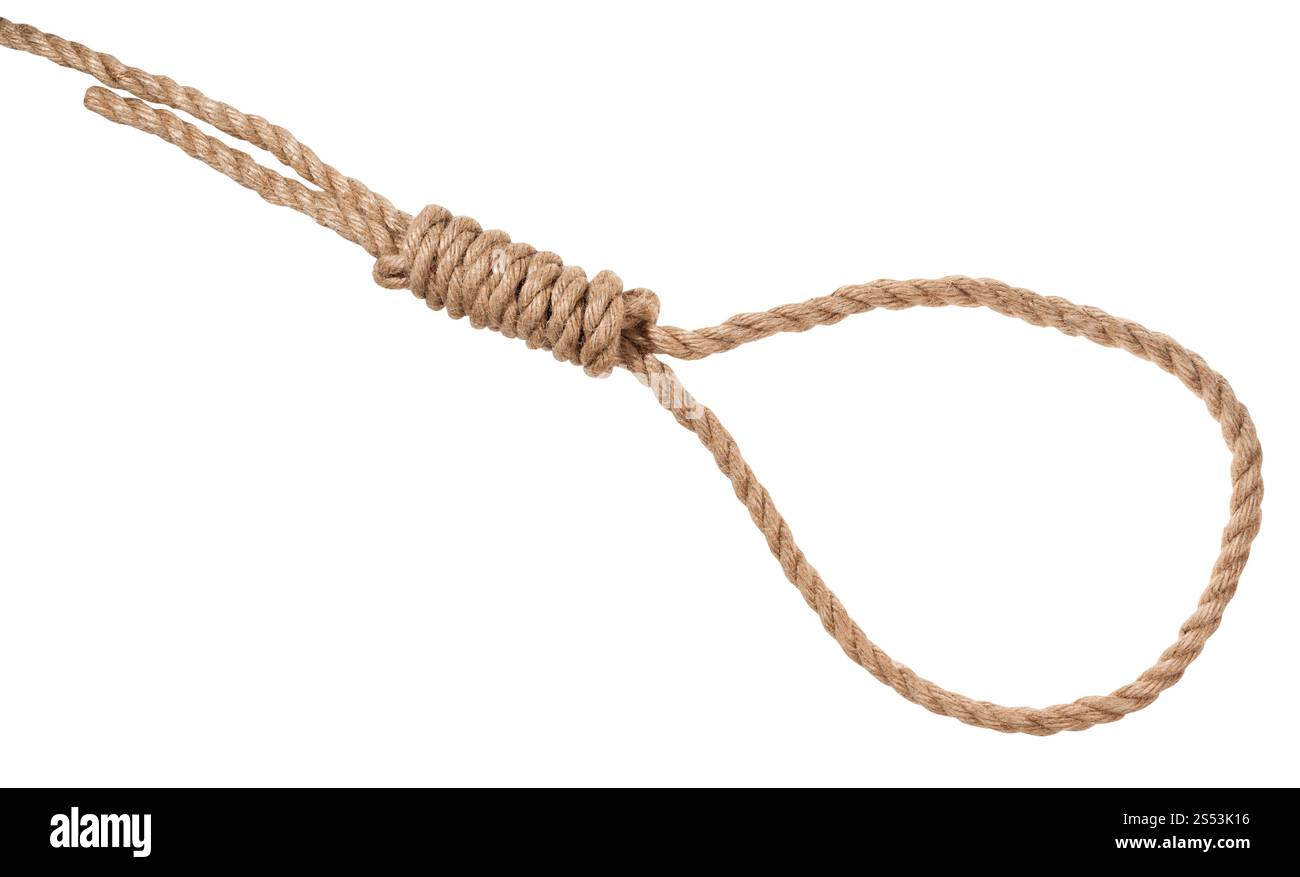 nœud de hangmans attaché sur corde de jute épaisse isolé sur fond blanc Banque D'Images