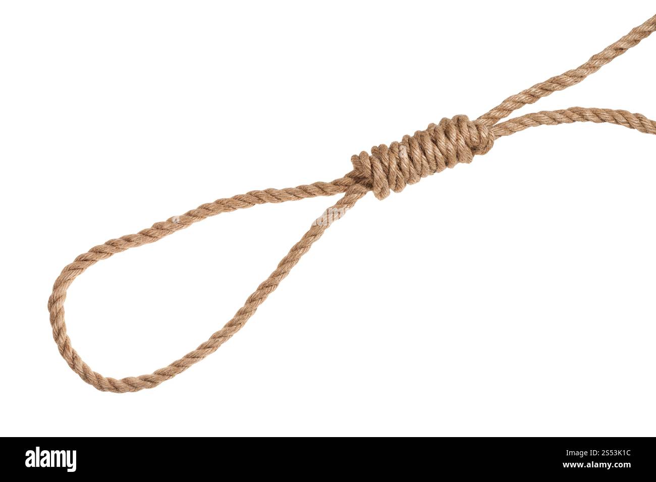 un autre côté de hangmans nœud de corde de jute épaisse isolé sur fond blanc Banque D'Images