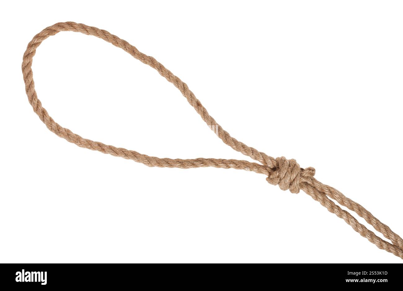 Potence Potence avec nœud sur la corde de jute épaisse isolé sur fond blanc Banque D'Images