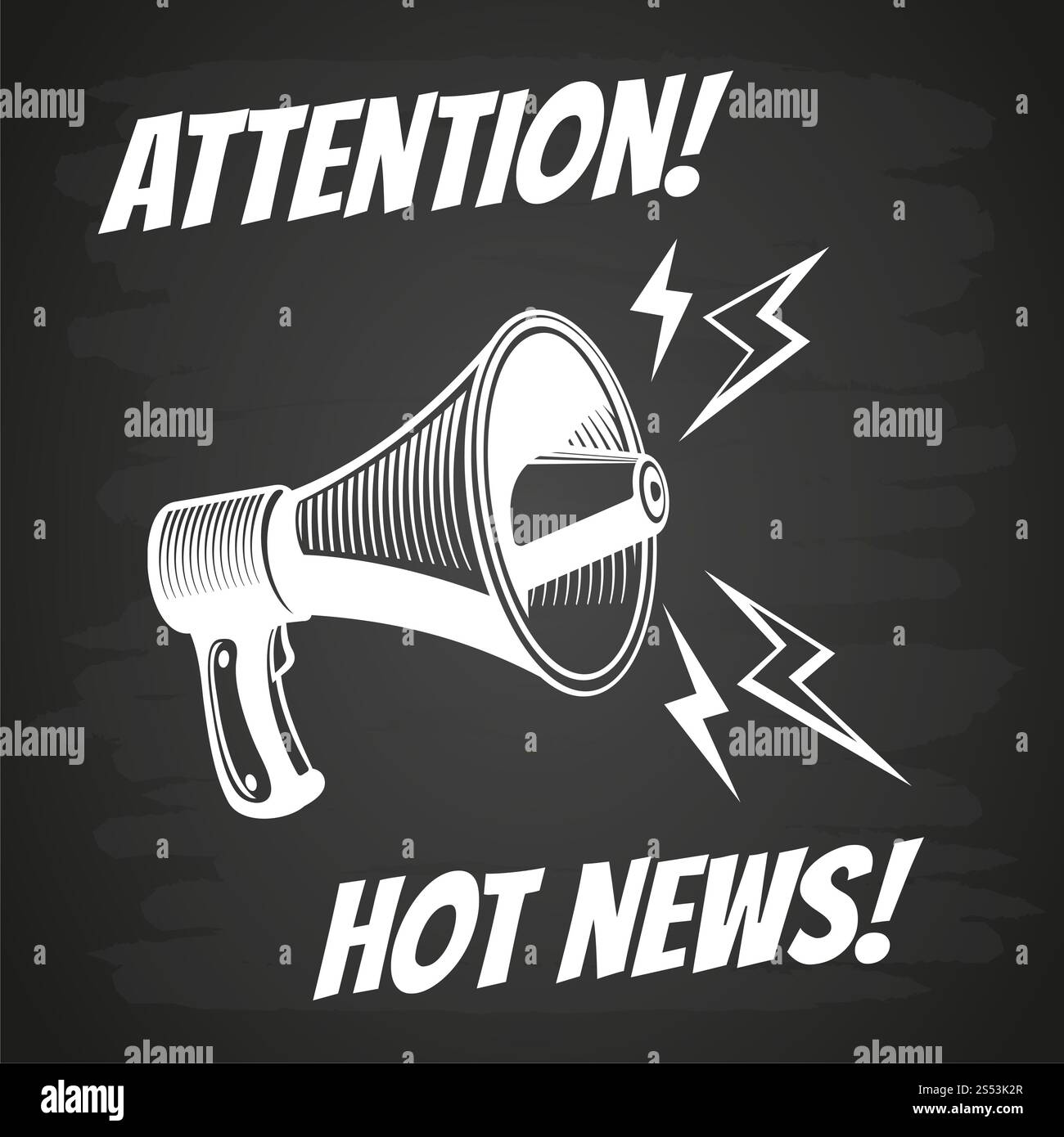 Symbole de mégaphone blanc sur le tableau noir. Attention : conception d'affiche de nouvelles chaudes. Illustration vectorielle. Symbole de mégaphone blanc sur le tableau noir Banque D'Images