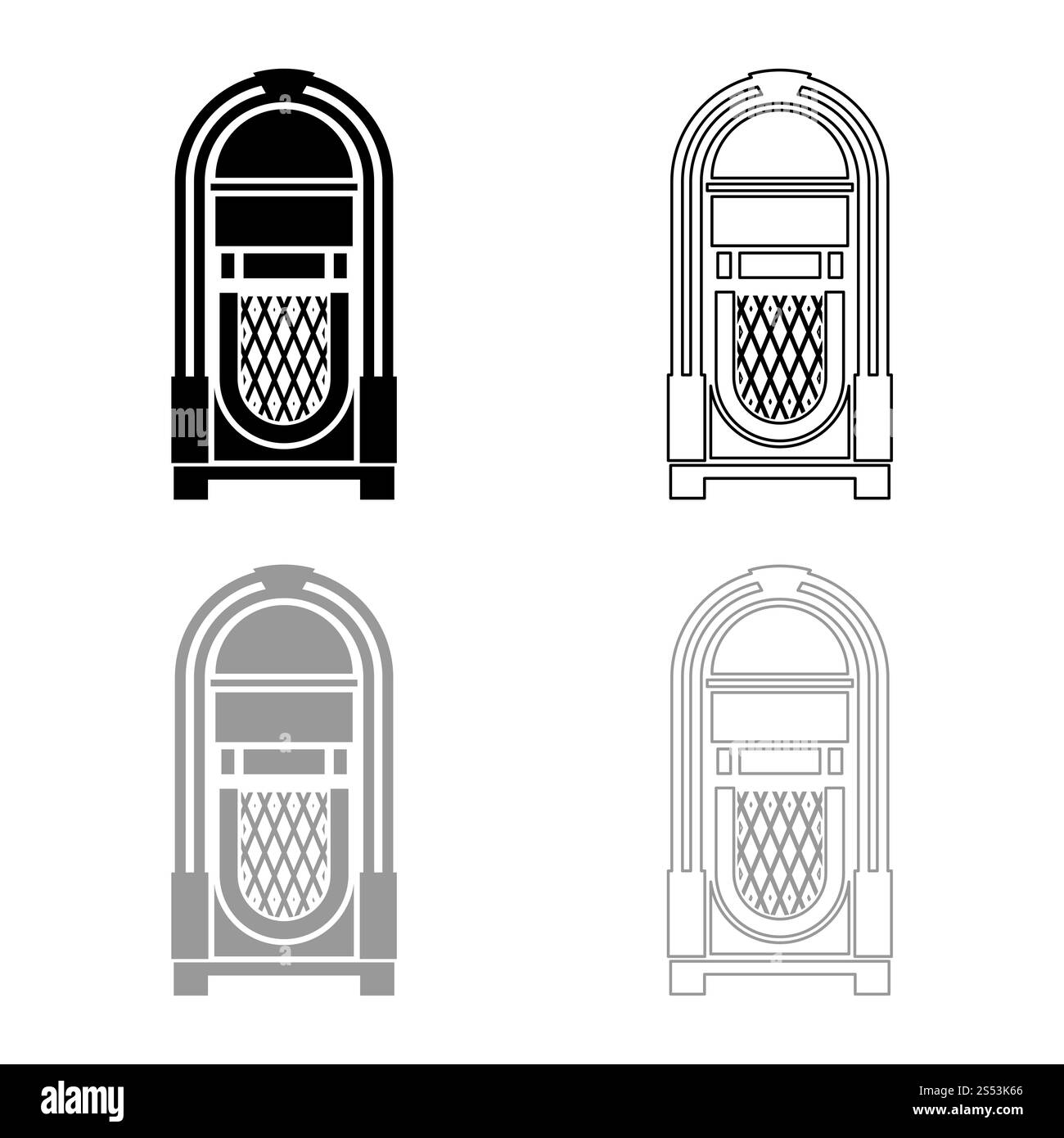 Juke box Jukebox retro vintage concept de musique automatisé à l'icône de périphérique série contour gris noir style vector illustration couleur télévision simple image Banque D'Images Juke box Jukebox retro vintage concept de musique automatisé à l'icône de périphérique série contour gris noir style vector illustration couleur télévision simple image Banque D'Images