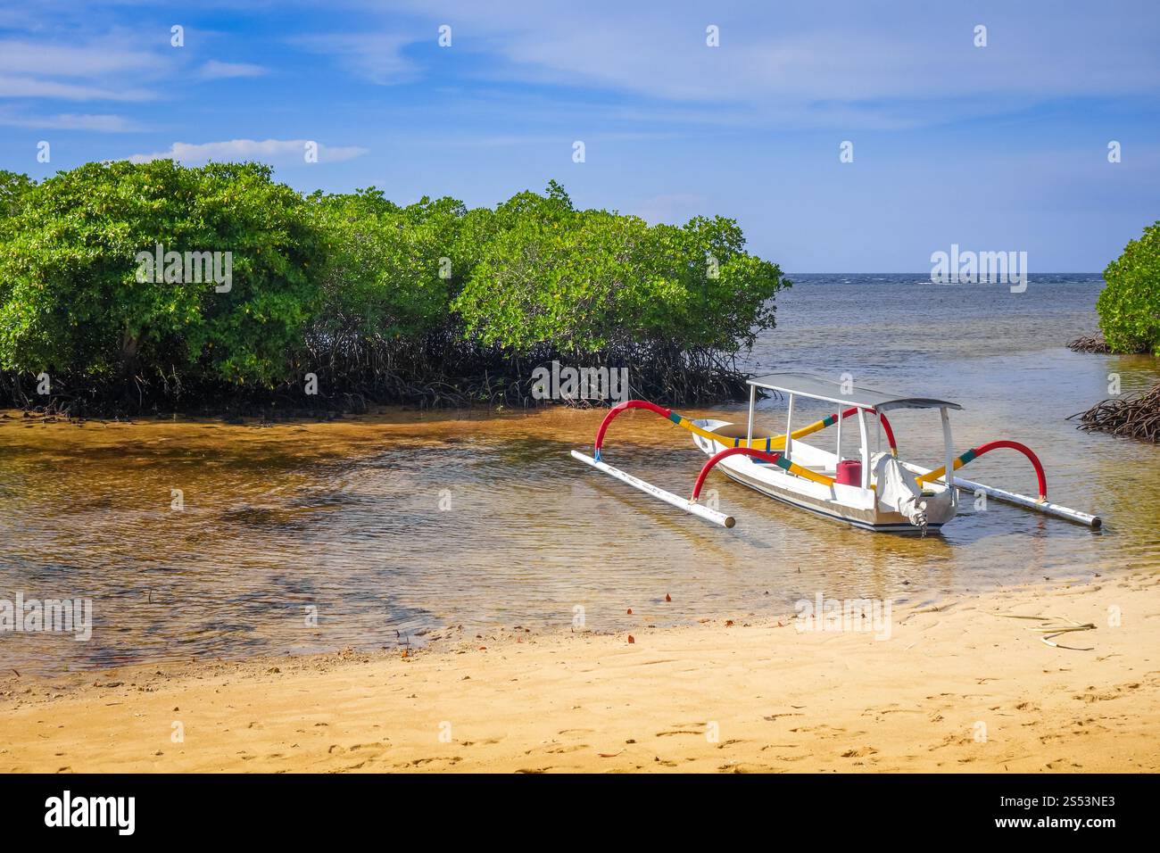 Plage de mangrove et bateau traditionnel sur l'île de Nusa Lembongan, Bali, Indonésie. Plage de mangrove, île de Nusa Lembongan, Bali, Indonésie Banque D'Images